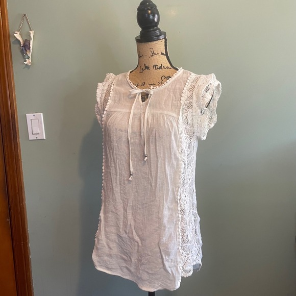 No Boundaries Womens Lace Trim Casual Summer Resort Boho Top Blouse White Large - Picture 1 of 6